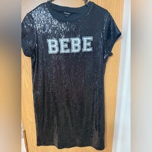 Bebe Black Shimmering Sequin Shirt Mini Dress Womens Large Rave Retro